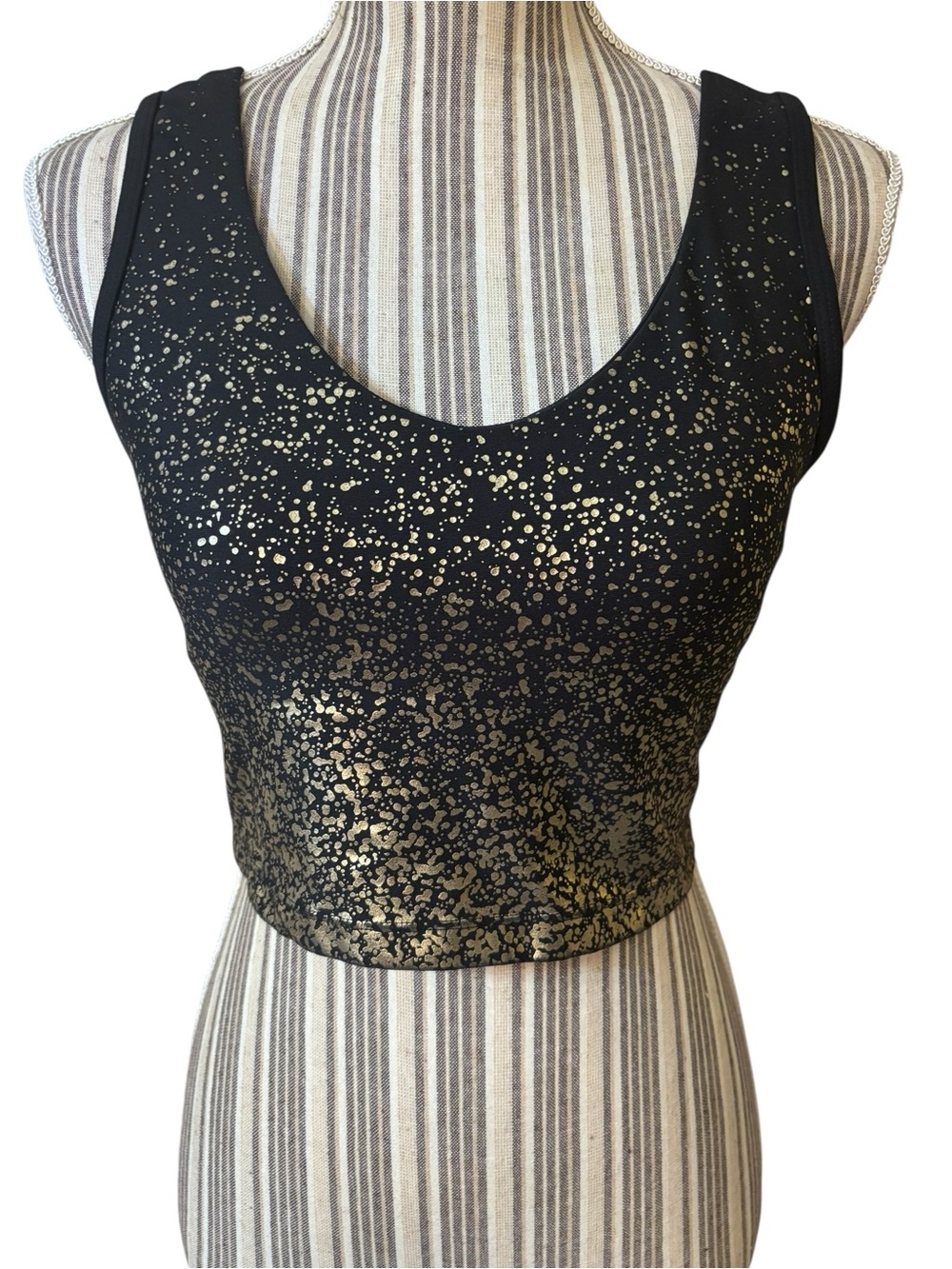 Marika Sports Bra Medium Black Metallic Gold Foil Splatter Crop Tank Longline